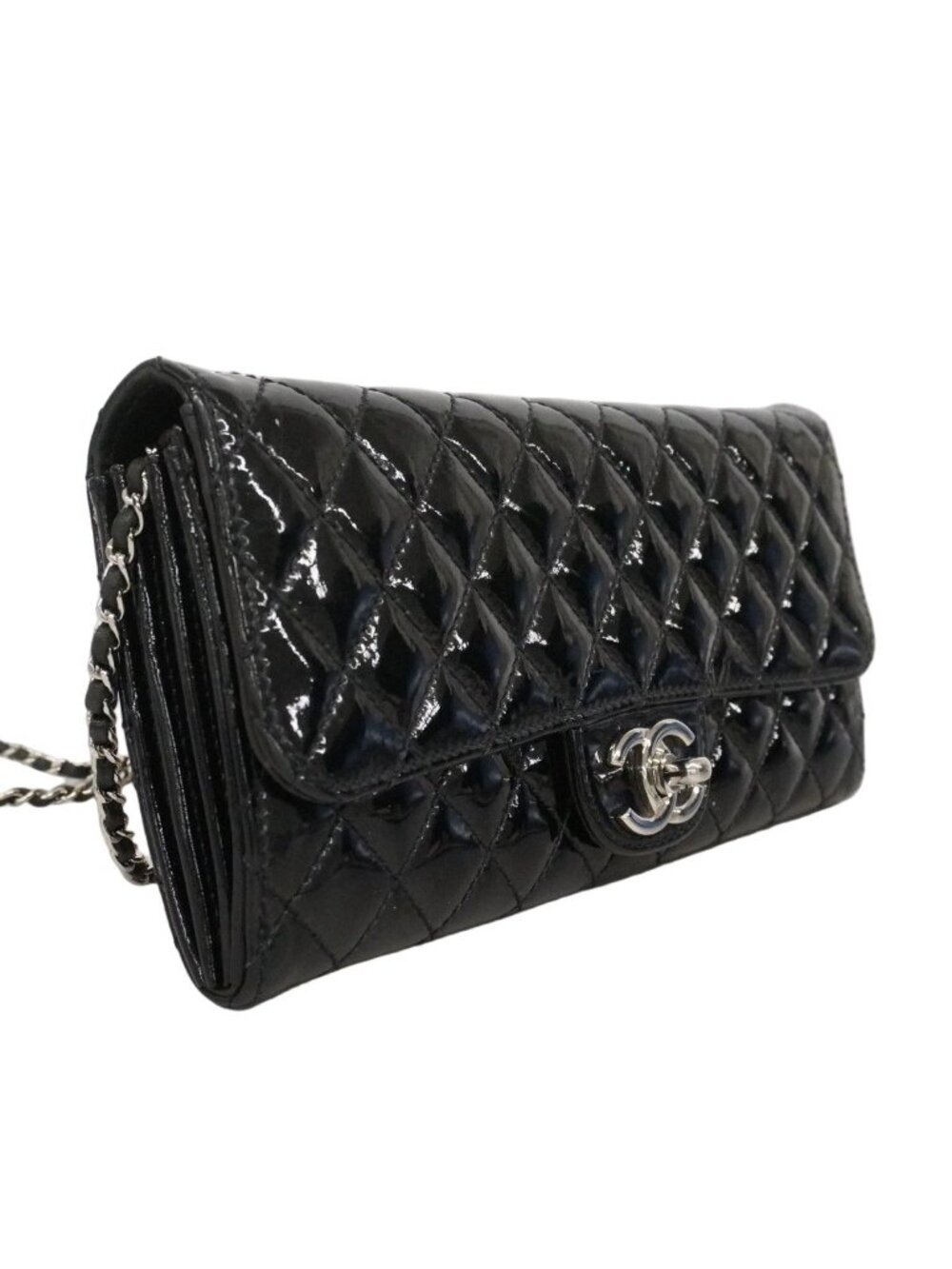 Chanel Shoulder Wallet Quilted Patent Leather Black Silver - Picture 2 of 10